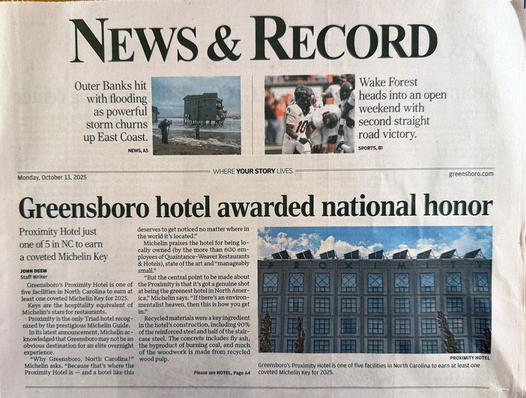 LOWRES_Greensboro-News-&-Record-Michelin-One-Key-News-2025 Proximity Hotel receives Michelin Key. Image of picture of News and Record cover article published Oct. 13, 2025.