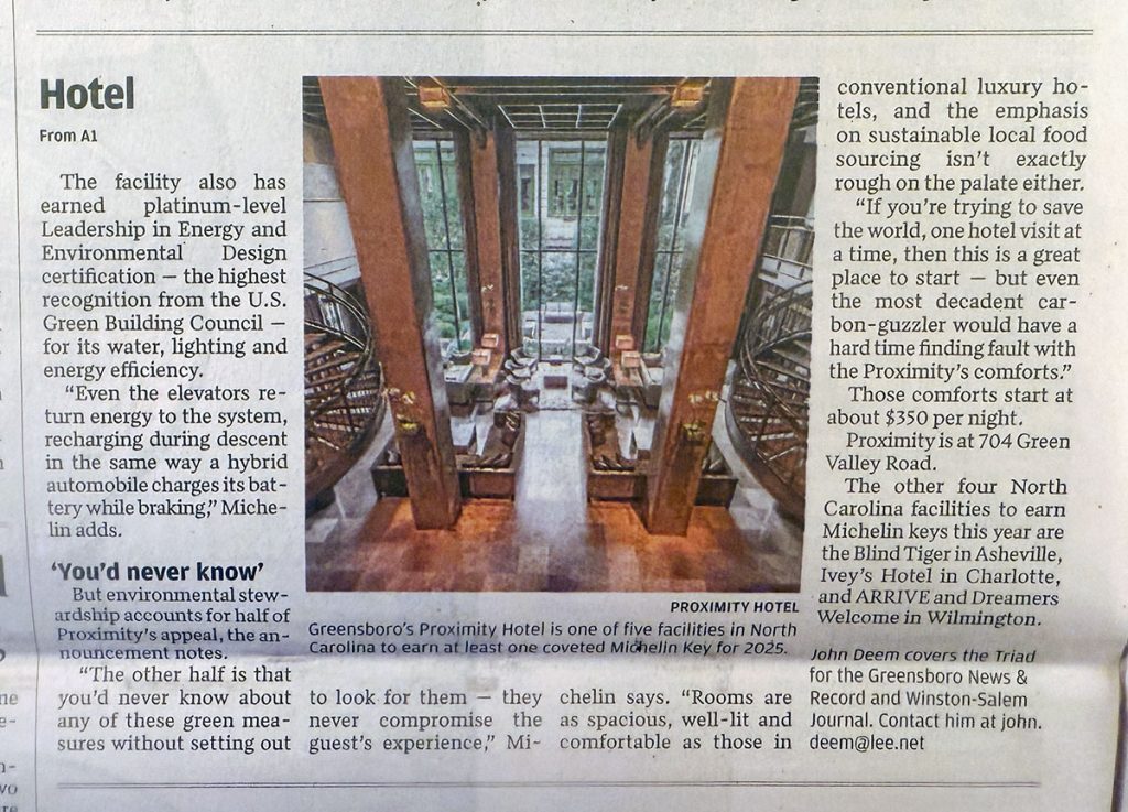 LOWRES_Greensboro-News-&-Record-Michelin-One-Key-News-2025_Pg2 Proximity Hotel receives Michelin Key. Image of picture of News and Record cover article that was continued on another page - published Oct. 13, 2025.