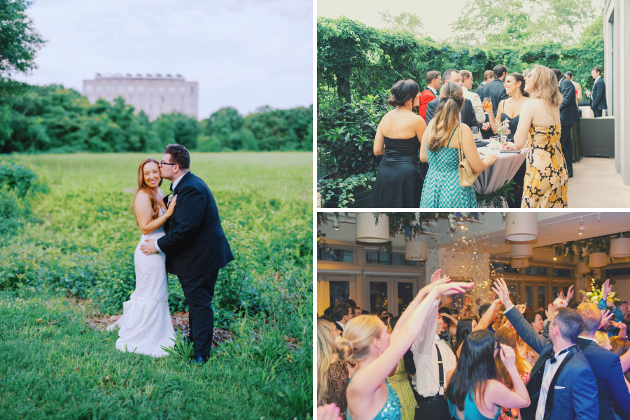 Carolina and Matthew's Wedding Weekend Wedding Celebration Collage | Left: the a Bride and Groom portrait in the meadow with Proximity Hotel in the background. Right Top: guests having cocktails outside on the Revolution Room patio. Right Bottom: the guests are dancing as the confetti cannon goes off.